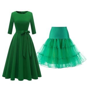 💚 2PCS Green Bundle Retro Pinup Dress with Belt & Petticoat SIZE XL NWT